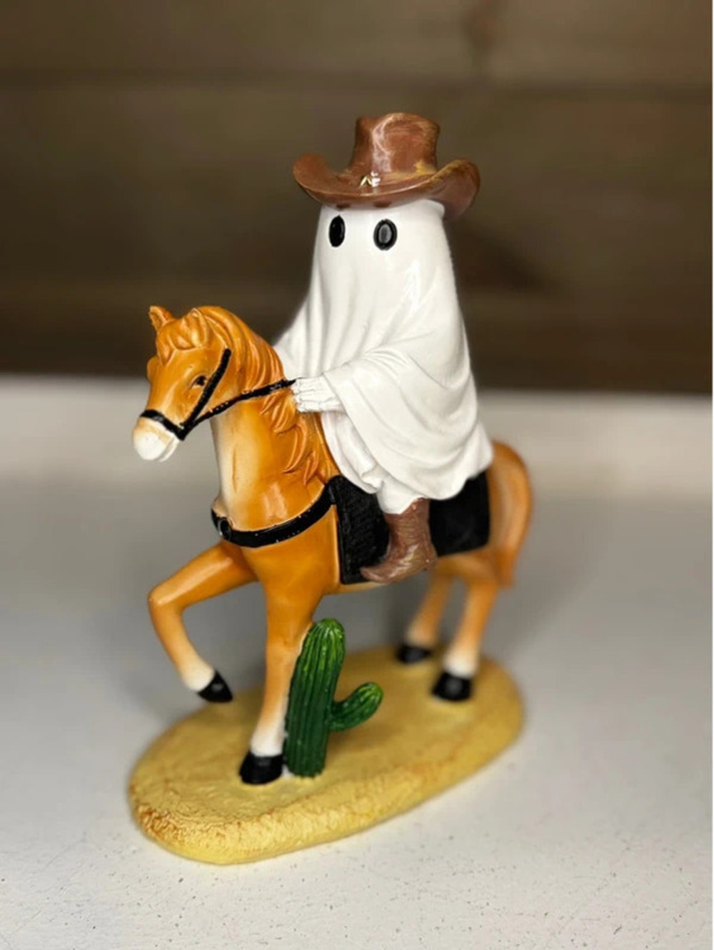 Halloween Cowboy Ghost Riding Horse Figurine - Western Ghost with Cactus